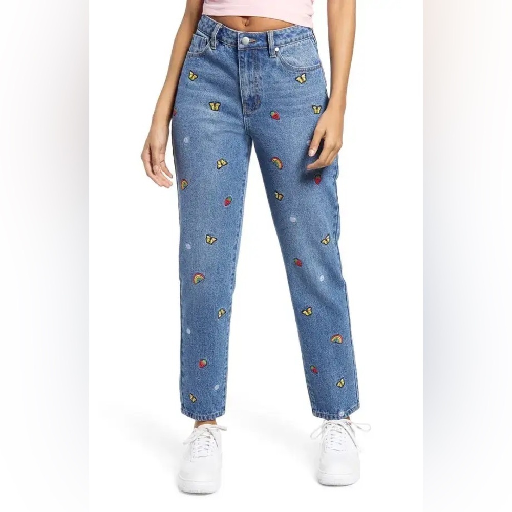 BP Blue Mom Jeans with Colorful Embroidery